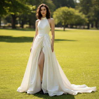 Halter High Neck Ruched Wedding Dresses with Leg Slit - Rosymae