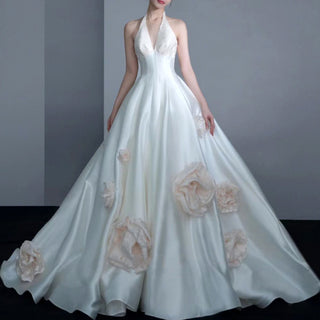 Halter Satin Bridal Gown Wedding Dress with Flowers Bowknot