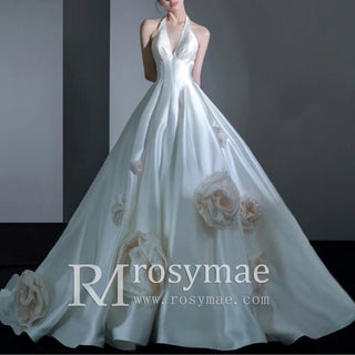 Halter Satin Bridal Gown Wedding Dress with Flowers Bowknot