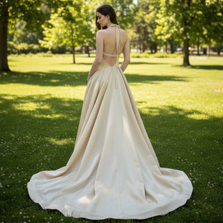 Chic Halter Neck Champagne Informal Wedding Dress with Leg Slit Champagne / 30W Chic Halter Neck Champagne Informal Wedding Dress with Leg Slit Champagne / 30W