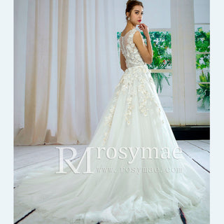 Sheer High Boat Neckline 3D Flower Tulle Wedding Dress A-line