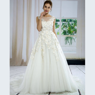 Sheer High Boat Neckline 3D Flower Tulle Wedding Dress A-line