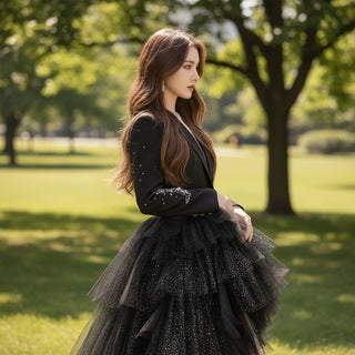 Hi-lo Black Dress in Wedding Long Sleeve V-neck Evening Dress - Rosymae