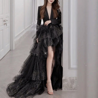 Hi-lo Black Dress in Wedding Long Sleeve V-neck Evening Dress