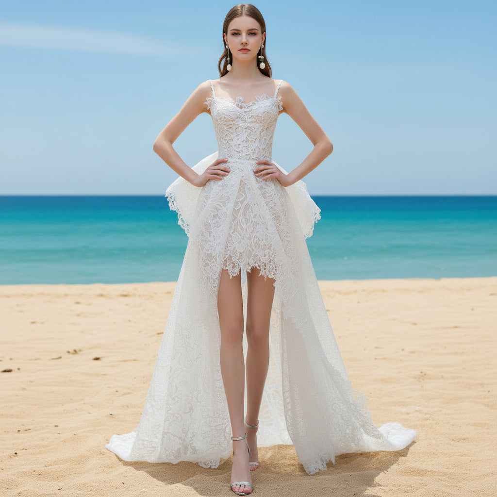 High-Low Lace Wedding Dresses Outdoor Hi-Lo Bridal Gowns Rosymae High-Low Lace Wedding Dresses Outdoor Hi-Lo Bridal Gowns Rosymae