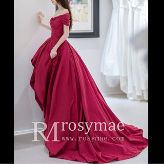 Off the Shoulder High Low Red Wedding Dress with V Neckline