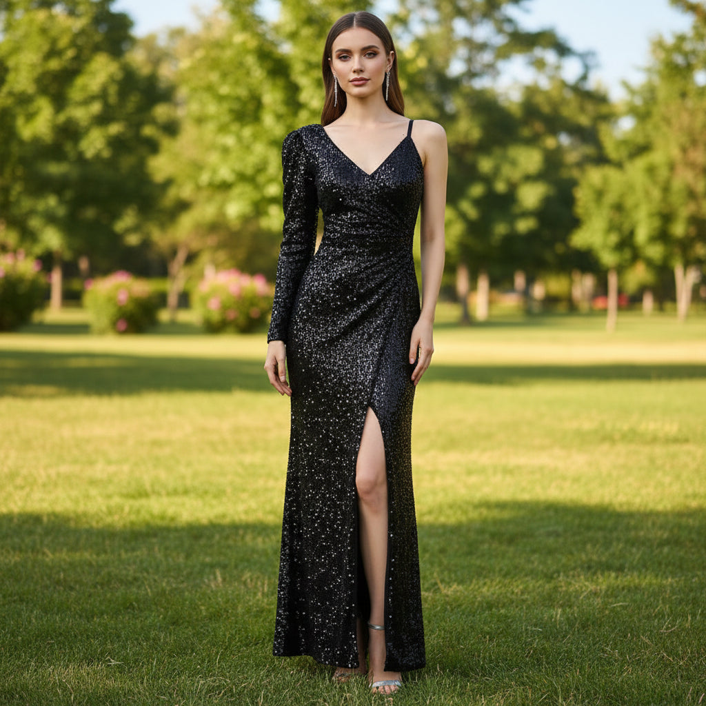 Robe de soirée asymétrique à manches longues et fente sur la jambe