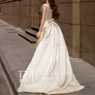 Capped Sleeve Satin Above the Knee Wedding Drress with Train