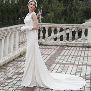 Unique Scoop Neckline Soft Satin Fit and Flare Wedding Dresses