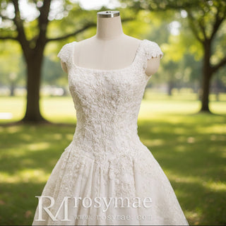 High Low A-line Lace Wedding Dresses with Square Neckline - Rosymae