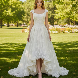 High Low A-line Lace Wedding Dresses with Square Neckline - Rosymae