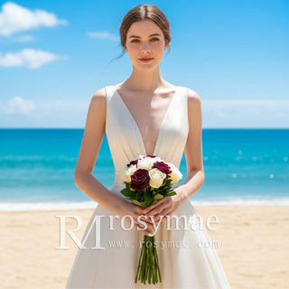 High Low Satin A-line Wedding Dress with Tank V-neck for Women - Rosymae