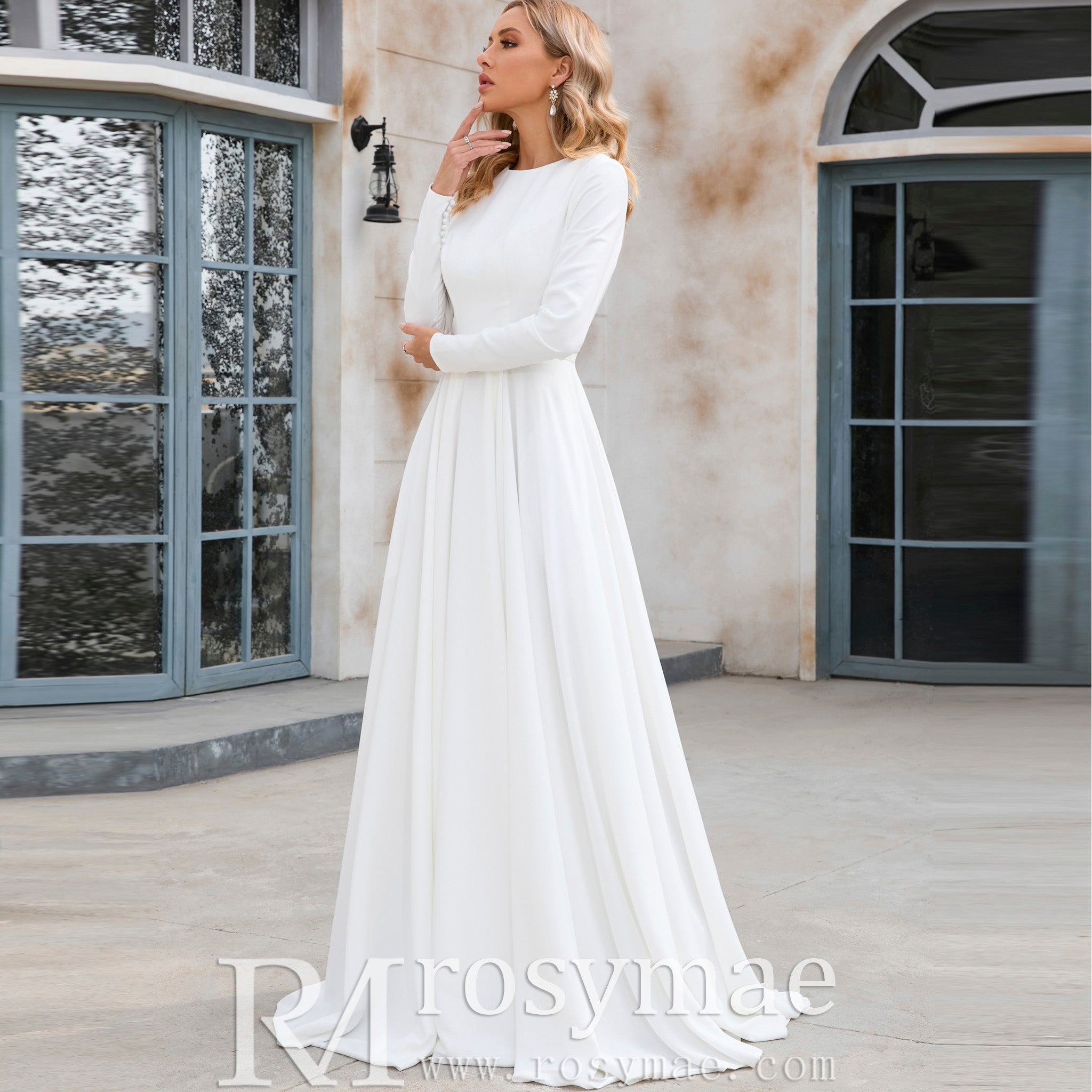 Elegant Crew Neck Long Sleeve A-Line Wedding Dresses with Pocket White / 4 Elegant Crew Neck Long Sleeve A-Line Wedding Dresses with Pocket White / 4