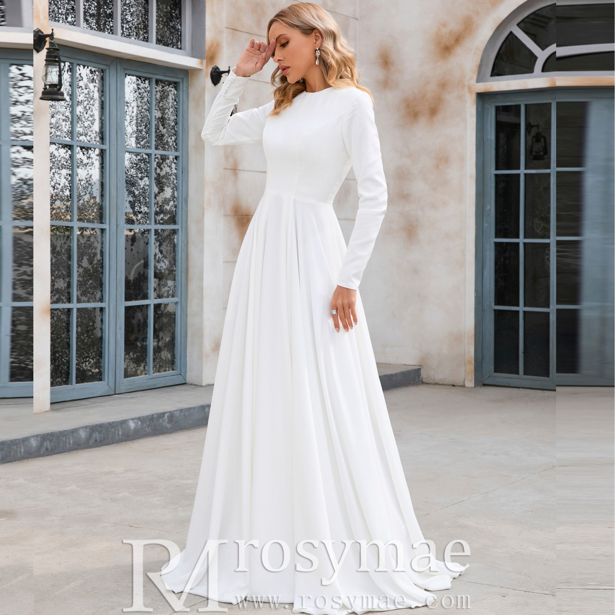 Elegant Crew Neck Long Sleeve A-line Wedding Dresses with Pocket White / 4 Elegant Crew Neck Long Sleeve A-line Wedding Dresses with Pocket White / 4
