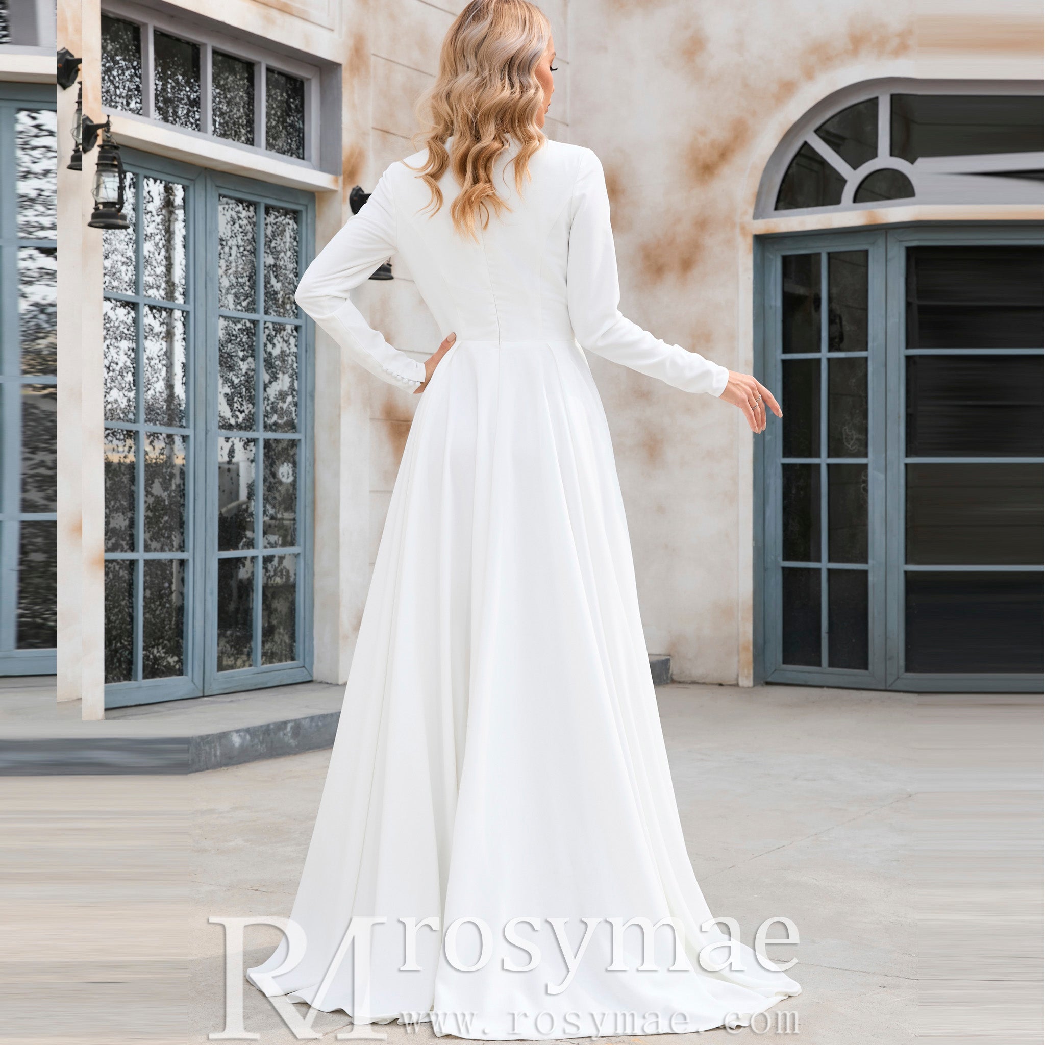 Elegant Crew Neck Long Sleeve A-Line Wedding Dresses with Pocket White / 4 Elegant Crew Neck Long Sleeve A-Line Wedding Dresses with Pocket White / 4