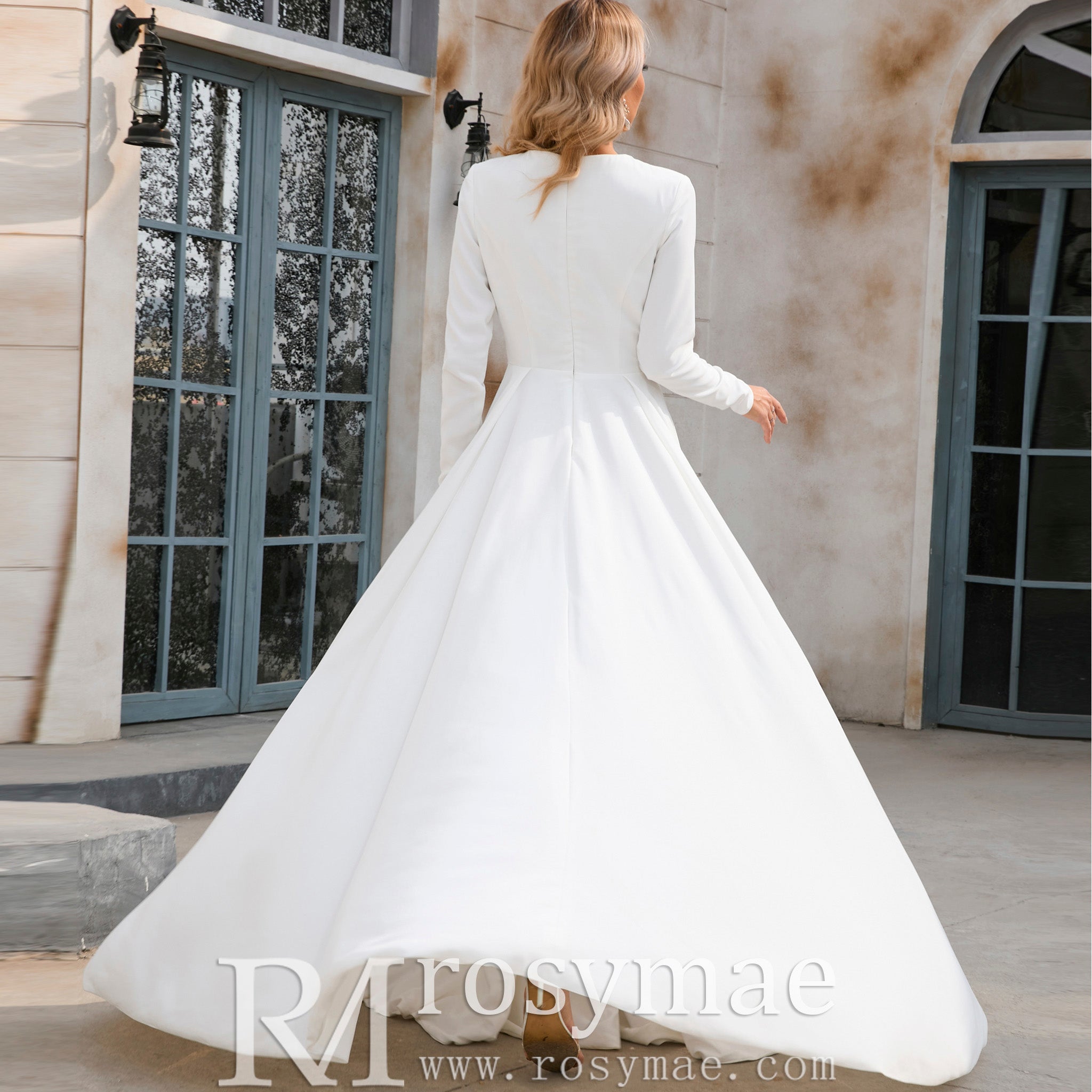 Elegant Crew Neck Long Sleeve A-line Wedding Dresses with Pocket White / 4 Elegant Crew Neck Long Sleeve A-line Wedding Dresses with Pocket White / 4