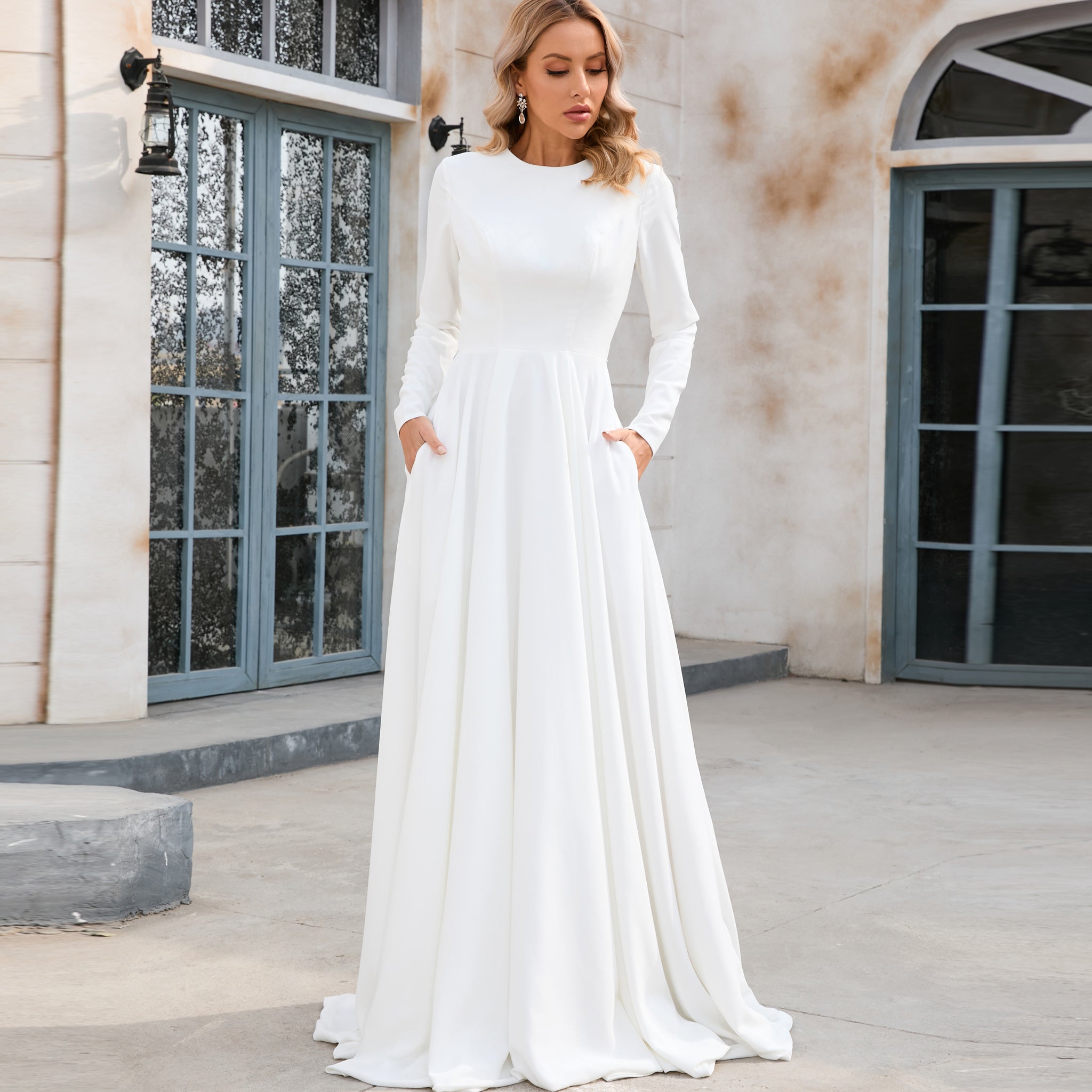 Elegant Crew Neck Long Sleeve A-Line Wedding Dresses with Pocket White / 4 Elegant Crew Neck Long Sleeve A-Line Wedding Dresses with Pocket White / 4