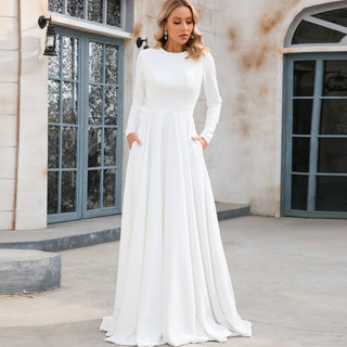 High Neck Long Sleeve A-line Wedding Dresses with Pocket