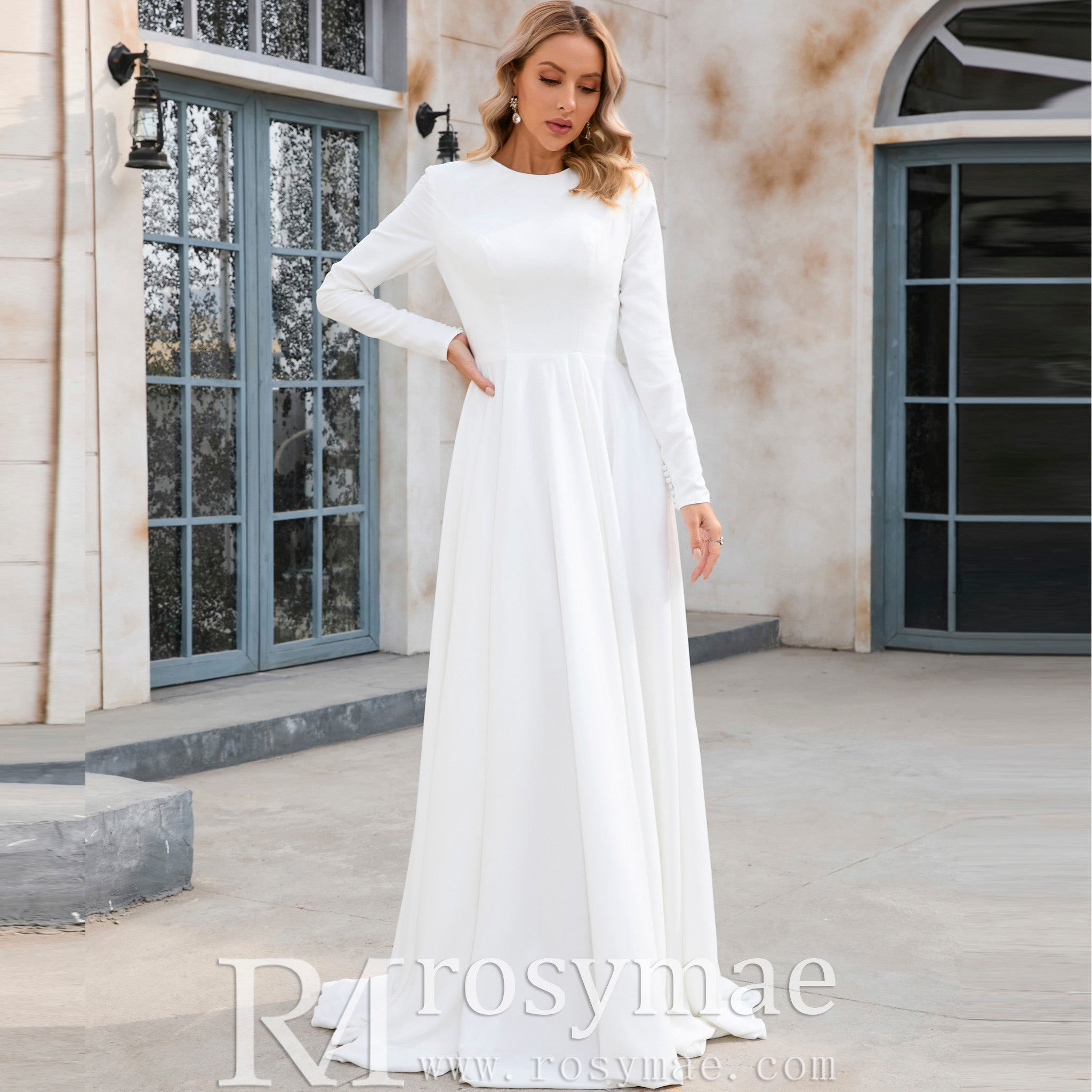 Elegant Crew Neck Long Sleeve A-line Wedding Dresses with Pocket White / 4 Elegant Crew Neck Long Sleeve A-line Wedding Dresses with Pocket White / 4