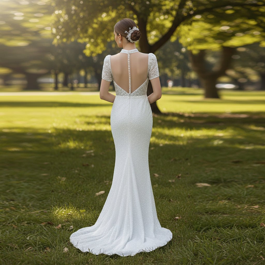High Neck Sequin Wedding Dress Mermaid Bridal Gown Short Sleeve - Rosymae
