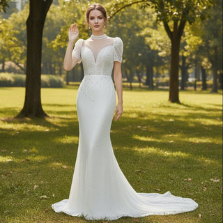 High Neck Sequin Wedding Dress Mermaid Bridal Gown Short Sleeve - Rosymae