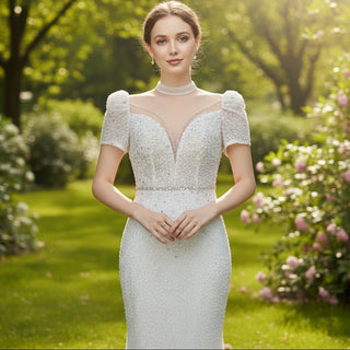 High Neck Sequin Wedding Dress Mermaid Bridal Gown Short Sleeve - Rosymae