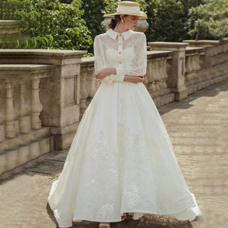 High Collar Neck Illusion Floral Lace Wedding Dress with Long Sleeve