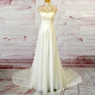 High Sheer O-Neck Lace Ruch Chiffon Sheath Wedding Dress