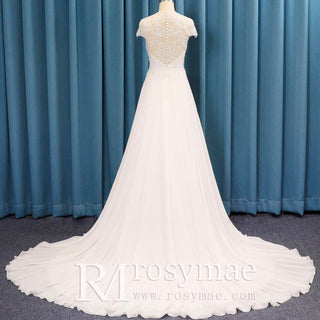 High Sheer O Neck Lace Chiffon A-line Bridal Gown Wedding Dress - Rosymae