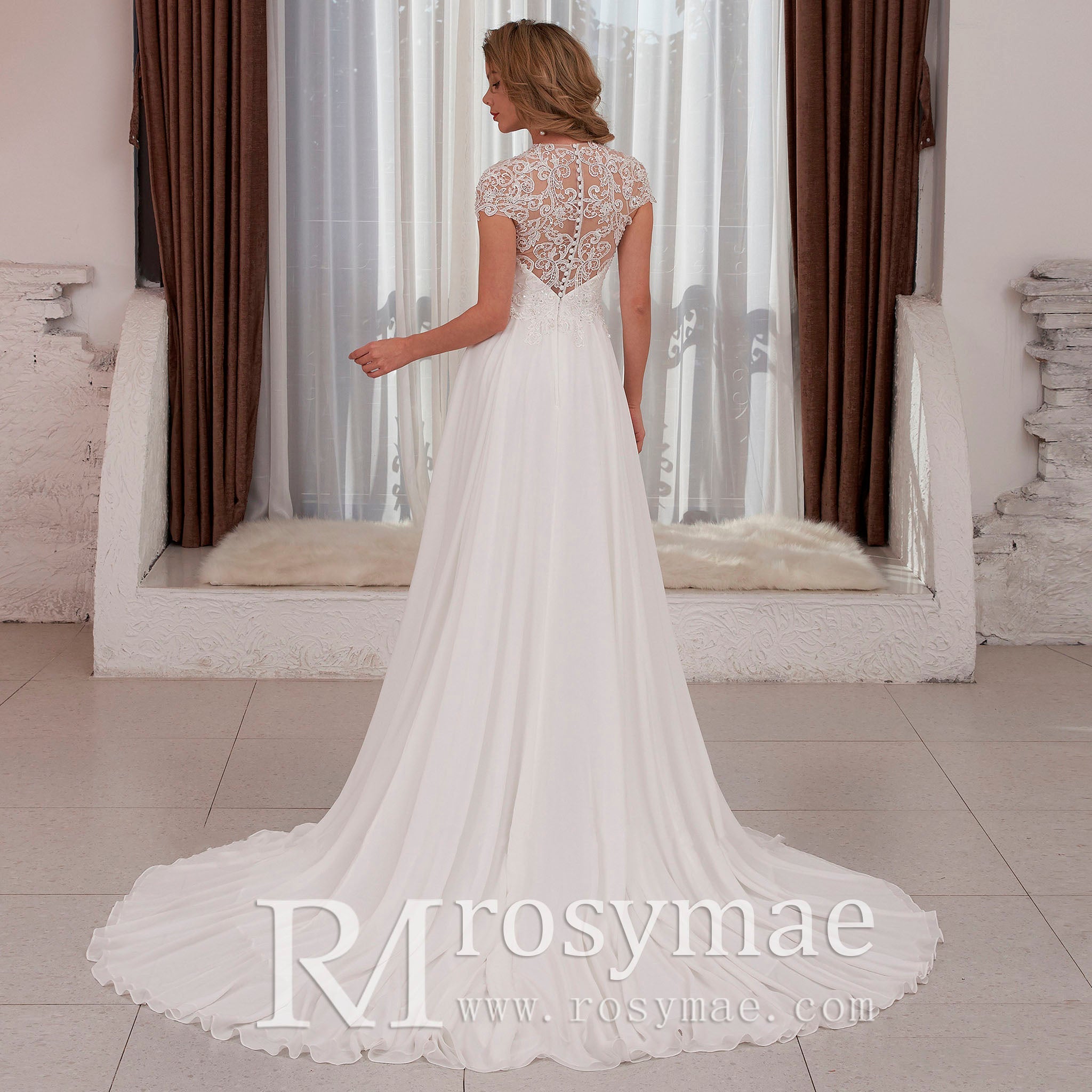 High Sheer O Neck Lace Chiffon A-line Bridal Gown Wedding Dress - Rosymae