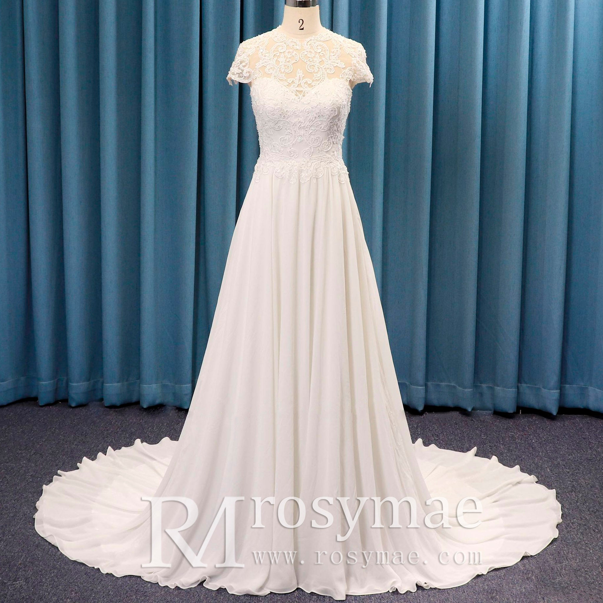 High Sheer O Neck Lace Chiffon A-line Bridal Gown Wedding Dress - Rosymae