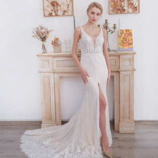 High Side Slit Mermaid Wedding Dresses with Deep V-Neck - Rosymae