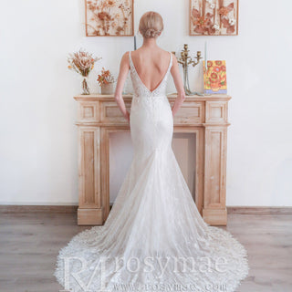 High Side Slit Mermaid Wedding Dresses with Deep V-Neck - Rosymae