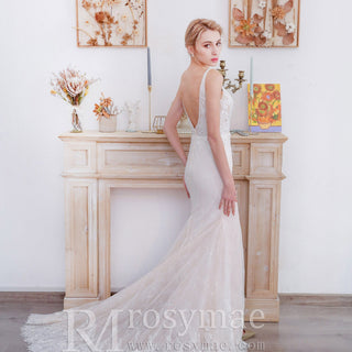 High Side Slit Mermaid Wedding Dresses with Deep V-Neck - Rosymae