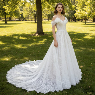 Hobo Flowy Sleeve A-line Lace Tulle Bridal Gown Wedding Dress