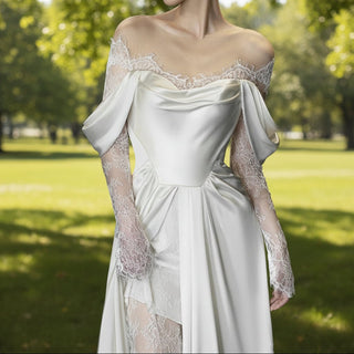 Hobo Off Shoulder Long Sleeve Satin Sheer Bridal Wedding Dress - Rosymae