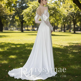 Hobo Off Shoulder Long Sleeve Satin Sheer Bridal Wedding Dress - Rosymae