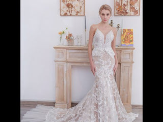 Spaghetti Strap V-neckline Lace Mermaid Wedding Dress With Beading
