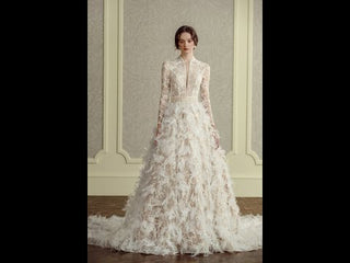 Luxurious A Line Feathers Skirt Wedding Dress with Long Sleeve
