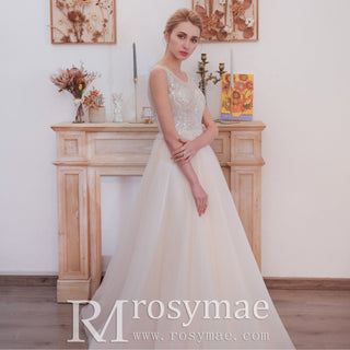 Illusion Back A-line Wedding Dress with Heavy Beading - Rosymae