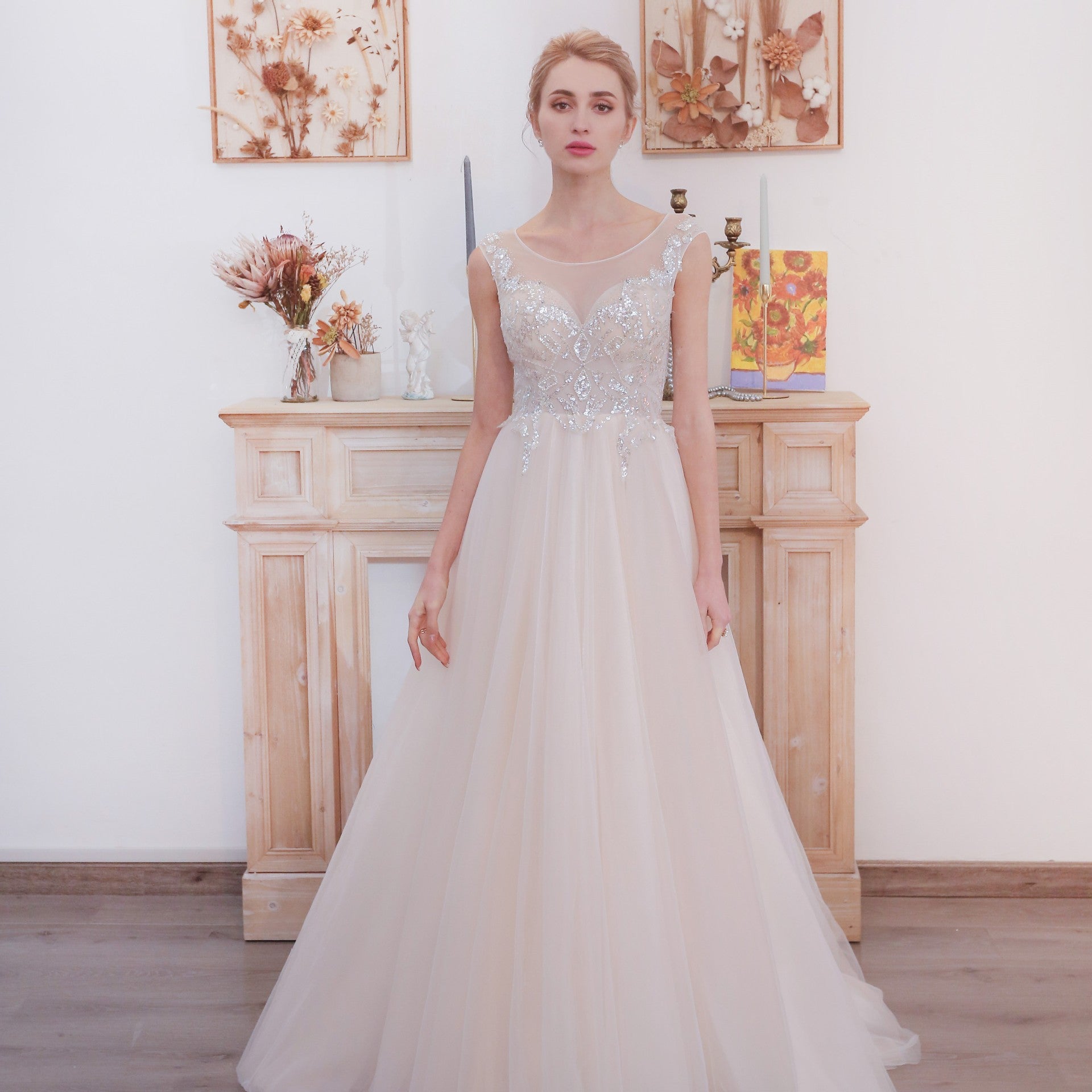 Illusion Back A-line Wedding Dress with Heavy Beading White / 12 Illusion Back A-line Wedding Dress with Heavy Beading White / 12