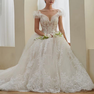 Illusion Lace Applique Bridal Gown Sheer Bodice Wedding Dress