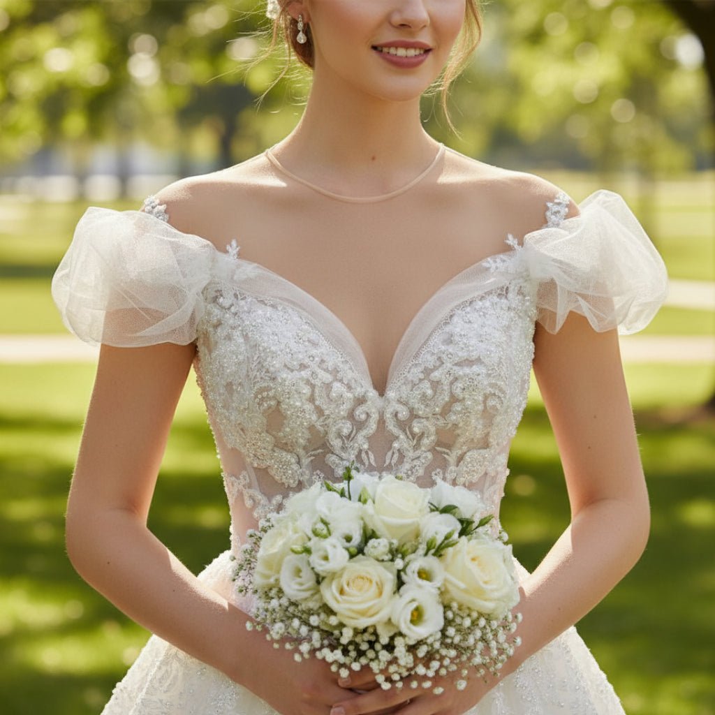 Illusion Lace Applique Bridal Gown Sheer Bodice Wedding Dress - Rosymae