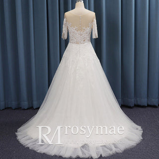 Illusion Short Sleeve Applique Lace Sheer Wedding Dresses