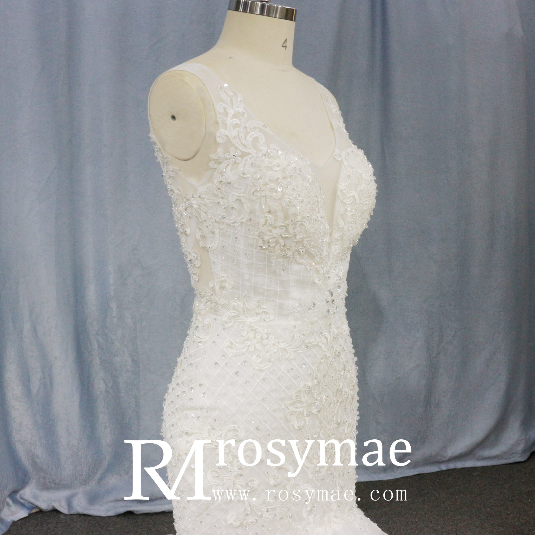 Illusion Trumpet V Neck Wedding Dress with Tank Straps - Rosymae