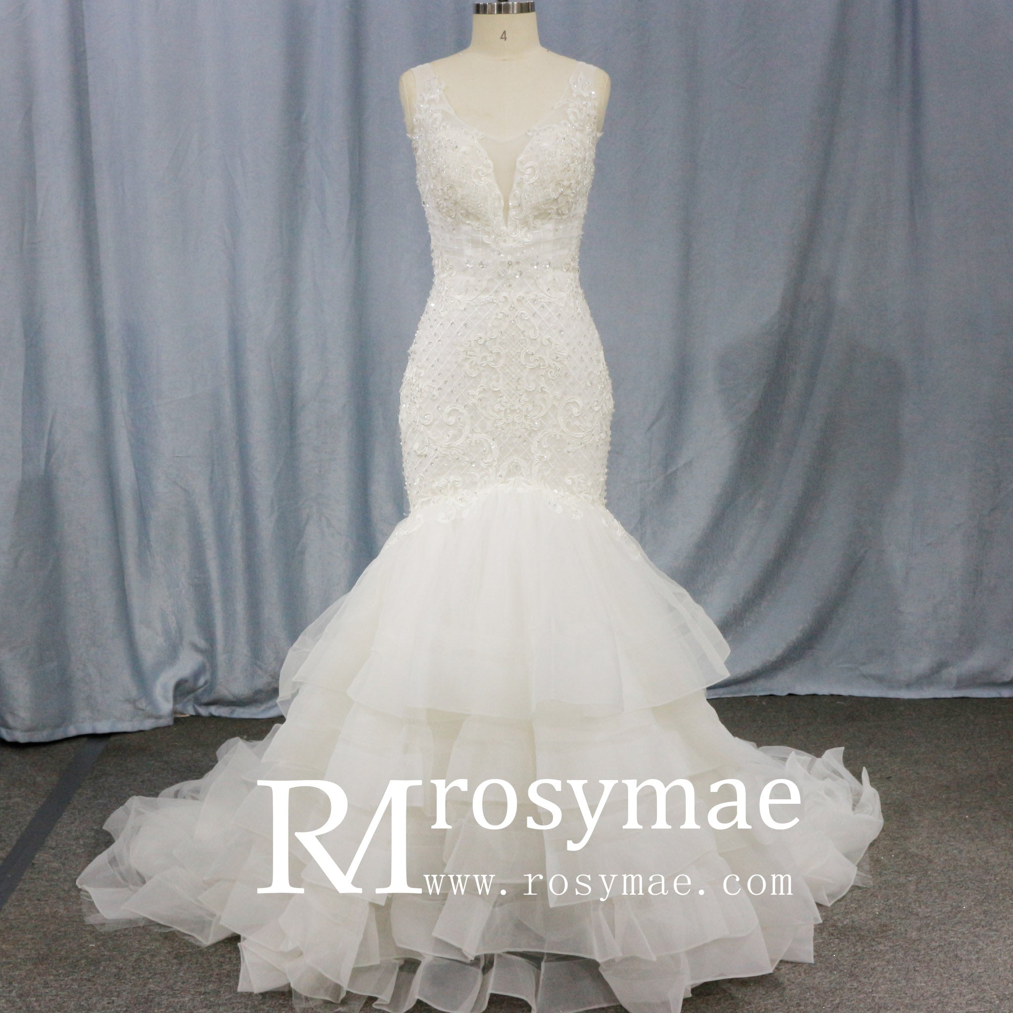 Illusion Trumpet V Neck Wedding Dress with Tank Straps - Rosymae