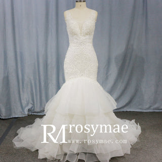 Illusion Trumpet V Neck Wedding Dress with Tank Straps - Rosymae