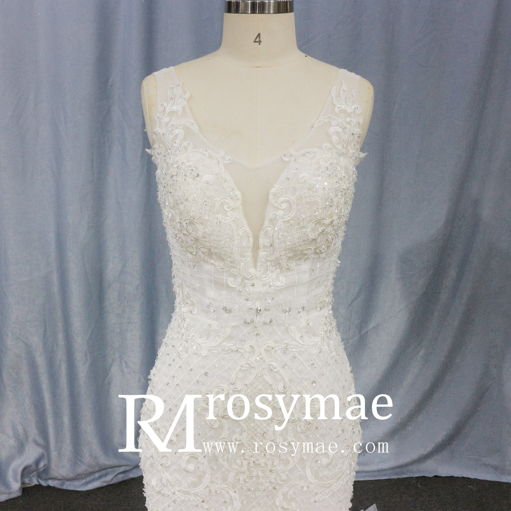 Illusion Trumpet V Neck Wedding Dress with Tank Straps - Rosymae