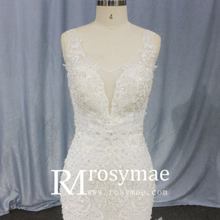 Illusion Trumpet V Neck Wedding Dress with Tank Straps - Rosymae