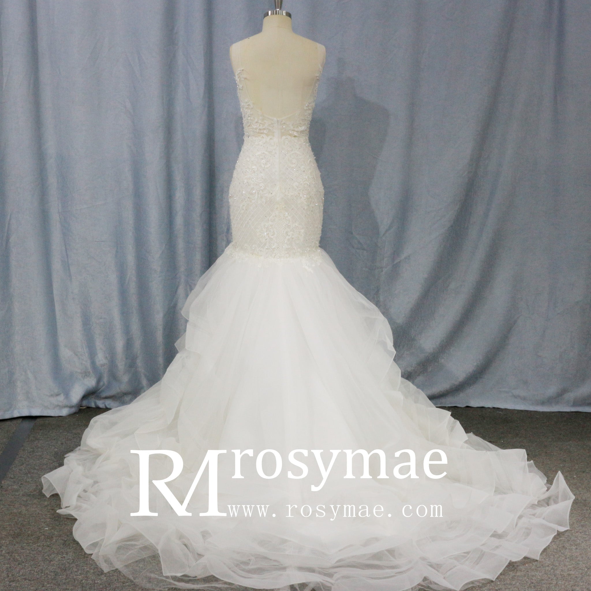 Illusion Trumpet V Neck Wedding Dress with Tank Straps - Rosymae